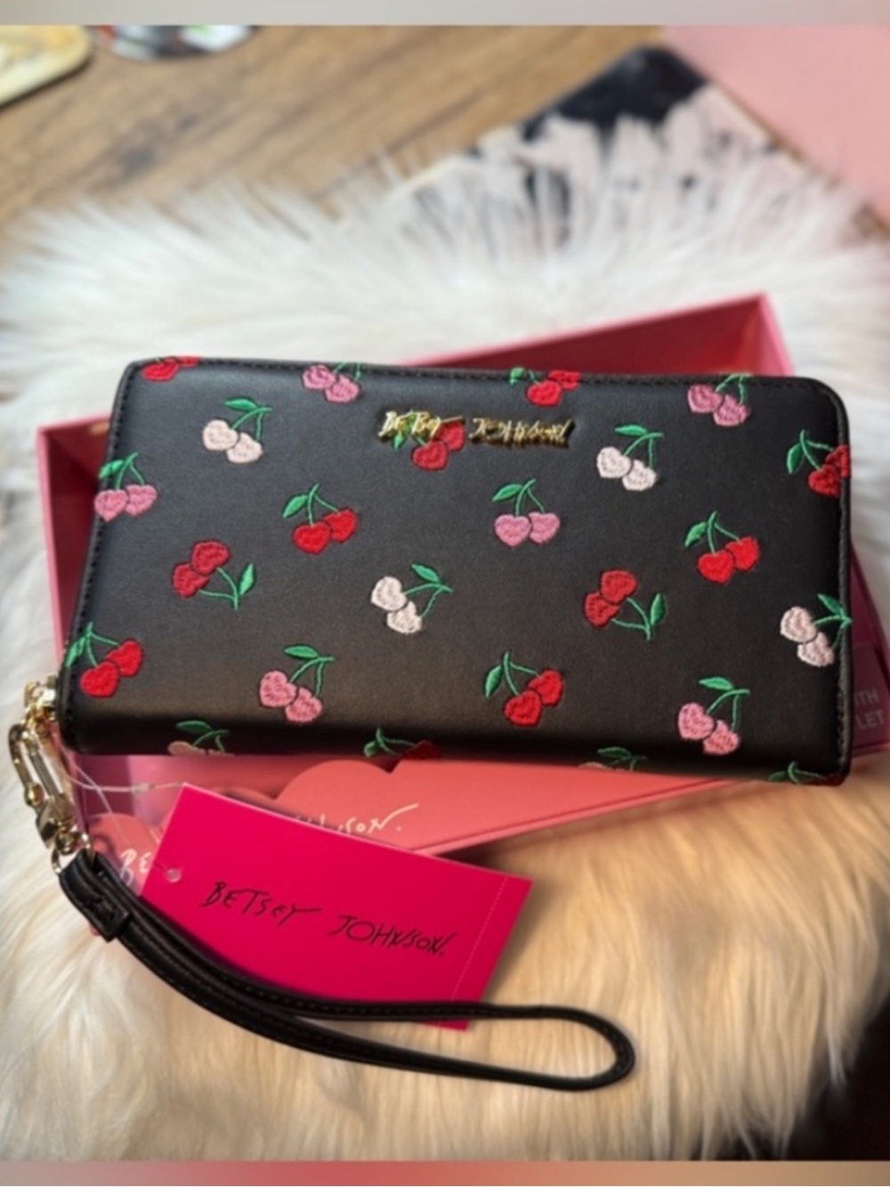 NEW‼️Betsey Johnson  Black and Red and  Pink Cherry Embroidered Wristlet Wallet